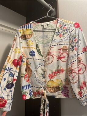 Rachel Zoe Colorful Fruit & Bicycle Tie-Front Cardigan